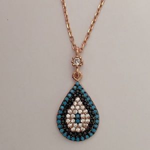 🧿 925 Silver necklace fancy drop evil eye cz turquoise 14k rose gold plated